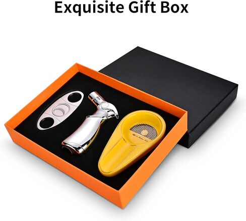 Cigar Lighter and Cutter Ashtray Set, Alloy Windproof 4 Jet Flames Inflatable Lighter Sharp Blade Guillotine Ceramics Ashtray Holder with Gift Box,Without Gas(set1) in Saudi Arabia