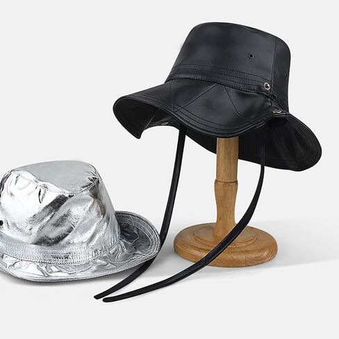 Faux Leather Cowboy Hat Unisex Bucket Hat with String Waterproof Fishing Cap Foldable Reversible Rain Hats for Women Men in Saudi Arabia