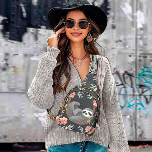 Sloth Leather Sling Bag Small Crossbody Backpack Travel Shoulder Pack Hiking chest Daypack for Women Adjustable Lightweight Outdoor Waterproof Workout in Saudi Arabia