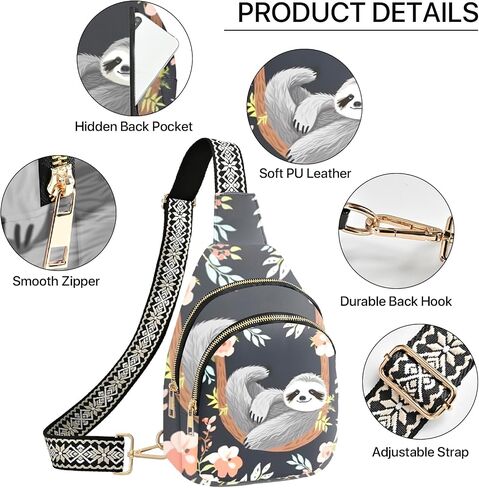 Sloth Leather Sling Bag Small Crossbody Backpack Travel Shoulder Pack Hiking chest Daypack for Women Adjustable Lightweight Outdoor Waterproof Workout in Saudi Arabia