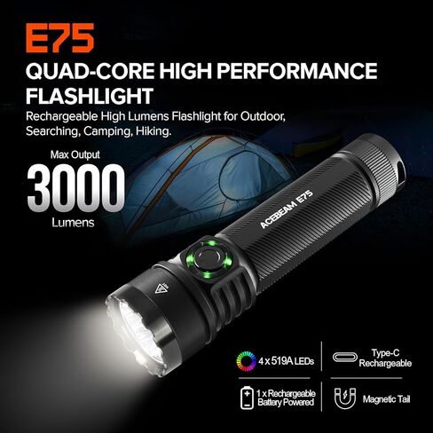 ACEBEAM E75 3000 High Lumens Flashlight with Magnetic Base, Super Bright LED Flashlight Rechargeable, IPX8 Water-Resistant Tactical EDC Flash Light, 26 Days Super Long Lasting for Camping,Everyday Use in Kuwait