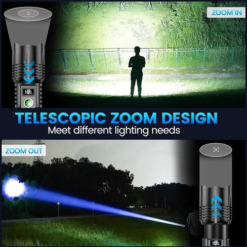 مصابيح LED قابلة لإعادة الشحن، 250000 لومن عالي، 5 أوضاع قابلة للتكبير، مصباح يدوي فائق السطوع، ضوء فلاش محمول تكتيكي قوي IPX7 مقاوم للماء لحالات الطوارئ والمشي لمسافات طويلة والتخييم in Kuwait