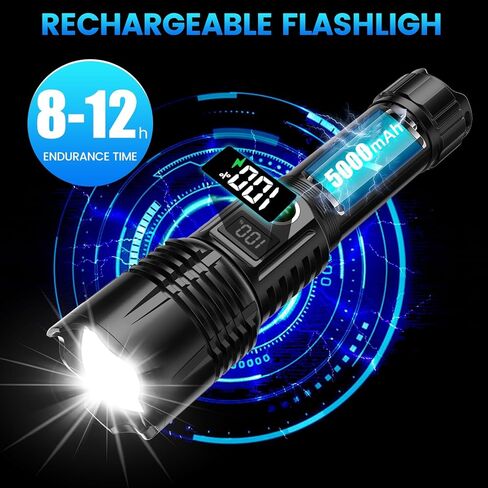 مصابيح LED قابلة لإعادة الشحن، 250000 لومن عالي، 5 أوضاع قابلة للتكبير، مصباح يدوي فائق السطوع، ضوء فلاش محمول تكتيكي قوي IPX7 مقاوم للماء لحالات الطوارئ والمشي لمسافات طويلة والتخييم in Kuwait