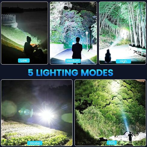 مصابيح LED قابلة لإعادة الشحن، 250000 لومن عالي، 5 أوضاع قابلة للتكبير، مصباح يدوي فائق السطوع، ضوء فلاش محمول تكتيكي قوي IPX7 مقاوم للماء لحالات الطوارئ والمشي لمسافات طويلة والتخييم in Kuwait