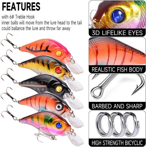5Pcs Crankbaits Lures Kit, Crankbait Fishing Lures Kit with Treble Hooks Fishing Lures Tackle Fake Bait Kit Fishing Accessories for Bass Trout Salmon Fishing Lovers in Saudi Arabia