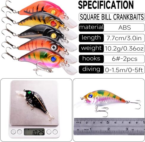 5Pcs Crankbaits Lures Kit, Crankbait Fishing Lures Kit with Treble Hooks Fishing Lures Tackle Fake Bait Kit Fishing Accessories for Bass Trout Salmon Fishing Lovers in Saudi Arabia
