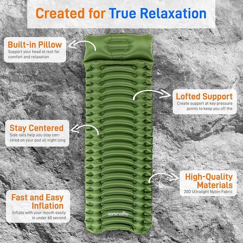SereneLife Backpacking Air Mattress Sleeping Pad - Waterproof Lightweight Sleep Pad Inflatable Camping Sleeping Mat w/Carrying Bag - for Camping, Backpacking, Hiking, Grey in Saudi Arabia