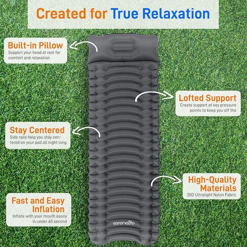 SereneLife Backpacking Air Mattress Sleeping Pad - Waterproof Lightweight Sleep Pad Inflatable Camping Sleeping Mat w/Carrying Bag - for Camping, Backpacking, Hiking, Grey in Saudi Arabia