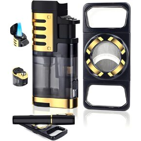 Torch Lighter and Straight Cutter Set with Built-in Holder, Punch, Triple Windproof Jet Flame Butane Lighter, Lighter Set with Gift Box, Outdoor Multifunctional Accessories（Butane not Included）