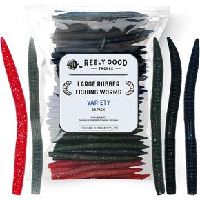 Reely Bass Lures (50 Pack), 5 Inch - Variety Pack Bass Fishing Soft Plastic Lures, Rubber Senko Worms for Bass Fishing, Wacky Worm Fish Bait, Fake Worms for Fishing
