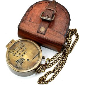 Backone Antique Brass Flat Compass With Leather Carry Case And Chain Pirates Compass Brown Engraved Navigational Compass