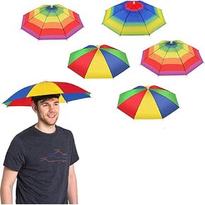 5 Pack Umbrella Hat With Head Strap, Funny Rainbow Colorful Waterproof Fishing Umbrella Beach Party Adjustable Size Fits For All Ages, Kids, Men & Women - (Patterns May Vary)