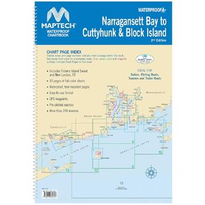 MAPTECH Waterproof Chartbook, Narragansett Bay to Cuttyhunk, 2nd Edition, 19 Chart Pages, 12 x 17 inches, Spiral Bound, Waterproof Tear-Resistant Pages, GPS Waypoints, Pre-Plotted Courses, Over 200 Marinas