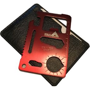 11 in 1 Stainless Steel Credit Card Pocket Sized Survival Multi-Functional Gadget Tool - Great Gift or Stocking Stuffer for Camping, Hiking or Emergency (Single, Red)