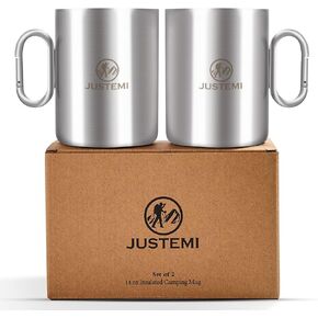 Backpacking Camping Mug,Stainless Steel Camping Cup with Carabiner Handle,Insulated Double Wall Coffee Mug Set of 2 for Traveling Outdoor 14oz