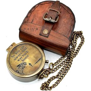 Backone Antique Brass Flat Compass With Leather Case And Chain Pirates Compass Brown Engraved Navigational Compass,5.8X5.8X1.8 Cm