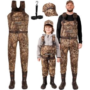 Neoprene Chest Waders for Kids and Adults, BootFoot, Fishing & Hunting with a Camouflage Caps, and a Wader Hanger