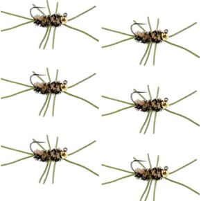 The Fly Fishing Place Tungsten Bead Jigged Pat's Rubber Legs Nymph Fly Fishing Flies - Coffee and Black with Olive Legs - Trout and Bass Wet Fly Pattern - 6 Flies Hook Size 10