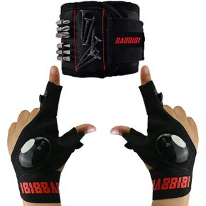 LED Flashlight Gloves for Men with Magnetic Wristband - Waterproof, Night Working, Battery Powered, Black