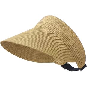 FuninCrea Women Roll Up Sun Visor Hat, Foldable Wide Brim Straw Beach Hat, Adjustable Summer UV Protection Cap for Travel