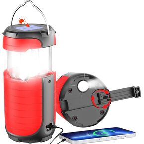 Battery Operated Camping Light Rechargeable, Manual Crank Generator/Solar Panel/USB-C Charging, 5000mAh Power Bank Foldable LED Tent Light, Power Outage, Outdoor Emergency Survival Essentials (Red) in Kuwait