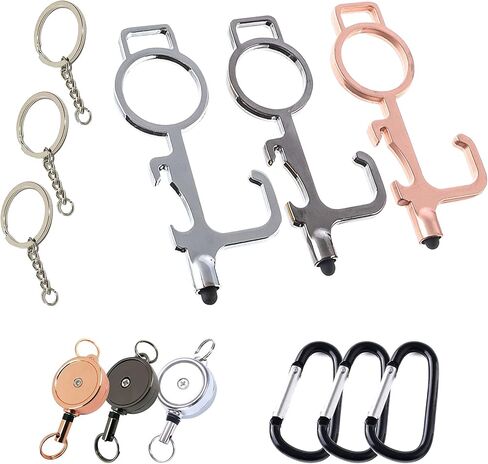 سلسلة مفاتيح متعددة الوظائف، أداة حلقة خطافية للمفاتيح، فتاحة مقبض الباب بدون استخدام اليدين، أداة دفع زر المصعد، قلم سطح الشاشة، فتاحة زجاجات معدنية، مع سلسلة/حلقة/حلقة تسلق/مشبك قابل للسحب (3 عبوات) in Kuwait