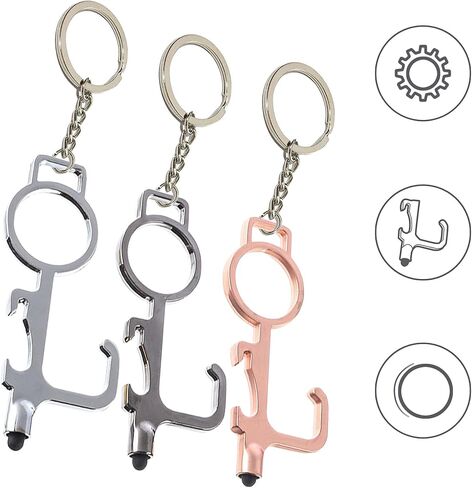 سلسلة مفاتيح متعددة الوظائف، أداة حلقة خطافية للمفاتيح، فتاحة مقبض الباب بدون استخدام اليدين، أداة دفع زر المصعد، قلم سطح الشاشة، فتاحة زجاجات معدنية، مع سلسلة/حلقة/حلقة تسلق/مشبك قابل للسحب (3 عبوات) in Kuwait