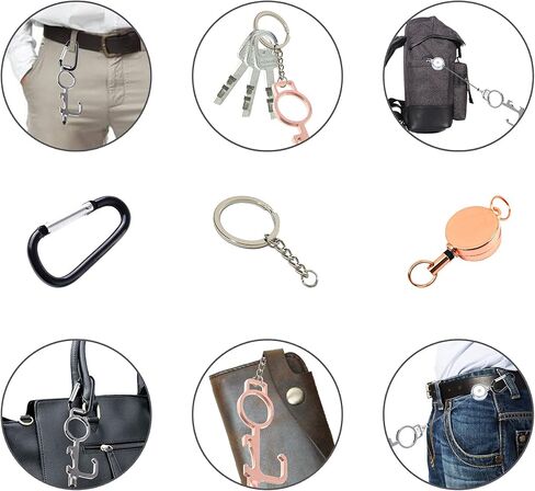 سلسلة مفاتيح متعددة الوظائف، أداة حلقة خطافية للمفاتيح، فتاحة مقبض الباب بدون استخدام اليدين، أداة دفع زر المصعد، قلم سطح الشاشة، فتاحة زجاجات معدنية، مع سلسلة/حلقة/حلقة تسلق/مشبك قابل للسحب (3 عبوات) in Kuwait