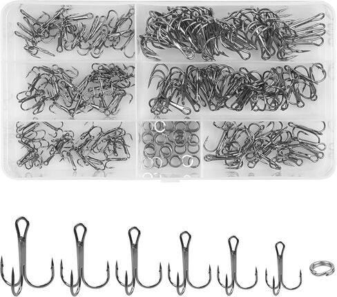 Fishing Treble Hooks Kit,190pcs Round Bend Treble Hooks with Split Rings High Carbon Steel Triple Hooks Fishing Lures Baits Saltwater Freshwater Fishing Gear in Saudi Arabia