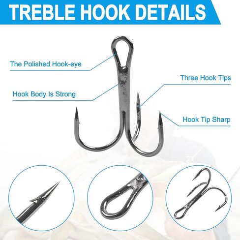 Fishing Treble Hooks Kit,190pcs Round Bend Treble Hooks with Split Rings High Carbon Steel Triple Hooks Fishing Lures Baits Saltwater Freshwater Fishing Gear in Saudi Arabia