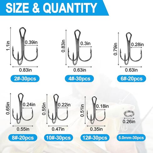Fishing Treble Hooks Kit,190pcs Round Bend Treble Hooks with Split Rings High Carbon Steel Triple Hooks Fishing Lures Baits Saltwater Freshwater Fishing Gear in Saudi Arabia