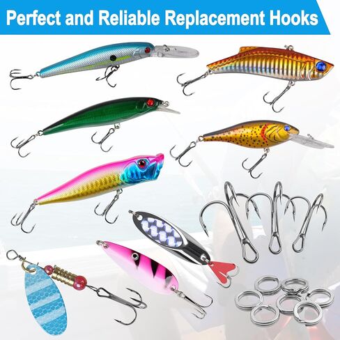Fishing Treble Hooks Kit,190pcs Round Bend Treble Hooks with Split Rings High Carbon Steel Triple Hooks Fishing Lures Baits Saltwater Freshwater Fishing Gear in Saudi Arabia