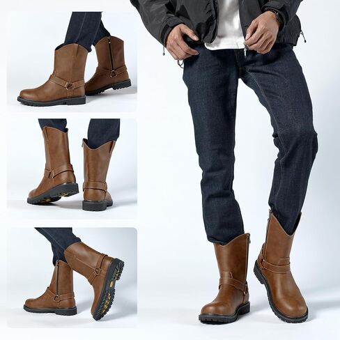 Men's Motorcycle Leather Boots, Men's Black Waterproof Low Heeled Riding Boots, Bicycle Boots, Wide Calf Cowboy Boots, Hiking Boots in Saudi Arabia