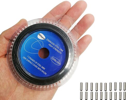 10LB-200LB Fishing line Wire Leader Vinyl Coated Stainless Steel Trace Lures Leader Wire 10 Meter,with 20pcs Crimps Sleeves,Black & Silver Select in Kuwait