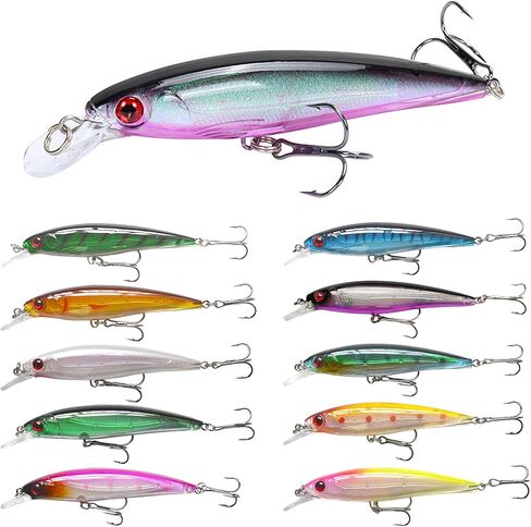 Minniow الصيد السحر Crankbaits مجموعة الصيد الطعوم الصلبة الحياة مثل السباحة طعم الصيد Topwater إغراء مع عيون الصيد ثلاثية الأبعاد، السنانير ثلاثية قوية للمياه المالحة المياه العذبة in Kuwait