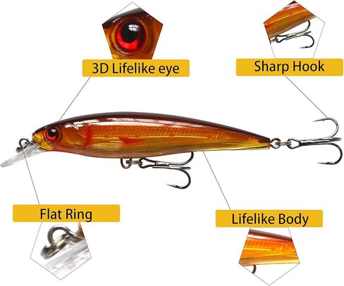 Minniow الصيد السحر Crankbaits مجموعة الصيد الطعوم الصلبة الحياة مثل السباحة طعم الصيد Topwater إغراء مع عيون الصيد ثلاثية الأبعاد، السنانير ثلاثية قوية للمياه المالحة المياه العذبة in Kuwait