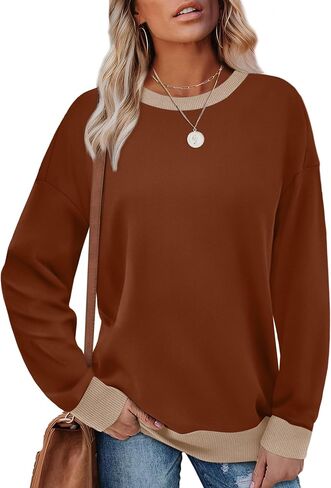 Saloogoe Sweatshirts for Women Crewneck Long Sleeve Loose Fit Tops Color Block Ribbed Trim Fashion 2025 in Saudi Arabia