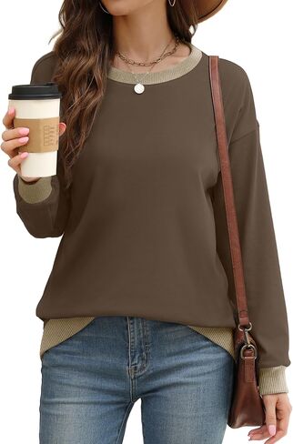 Saloogoe Sweatshirts for Women Crewneck Long Sleeve Loose Fit Tops Color Block Ribbed Trim Fashion 2025 in Saudi Arabia