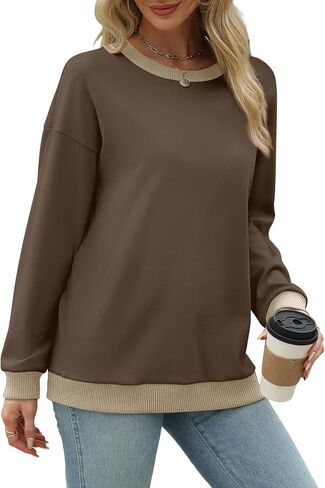 Saloogoe Sweatshirts for Women Crewneck Long Sleeve Loose Fit Tops Color Block Ribbed Trim Fashion 2025 in Saudi Arabia