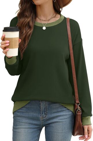 Saloogoe Sweatshirts for Women Crewneck Long Sleeve Loose Fit Tops Color Block Ribbed Trim Fashion 2025 in Saudi Arabia