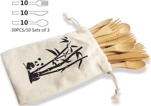 Reusable Bamboo Flatware Set,Bamboo Cutlery Set,Bamboo Forks Spoons Knives, Bamboo Utensil Cutlery Set for Picnic Party Travel or Hiking, Bamboo Silverware with Travel Pouch Bag, Dishwasher Safe (30) in Saudi Arabia