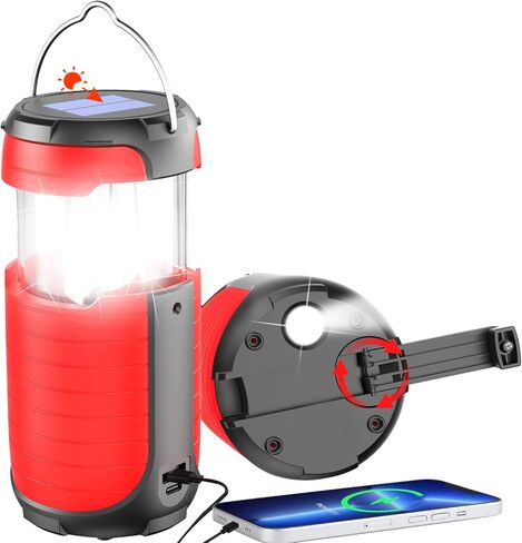 Battery Operated Camping Light Rechargeable, Manual Crank Generator/Solar Panel/USB-C Charging, 5000mAh Power Bank Foldable LED Tent Light, Power Outage, Outdoor Emergency Survival Essentials (Red) in Kuwait