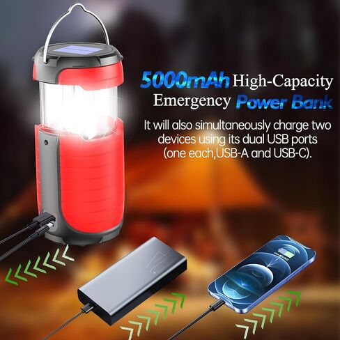 Battery Operated Camping Light Rechargeable, Manual Crank Generator/Solar Panel/USB-C Charging, 5000mAh Power Bank Foldable LED Tent Light, Power Outage, Outdoor Emergency Survival Essentials (Red) in Kuwait