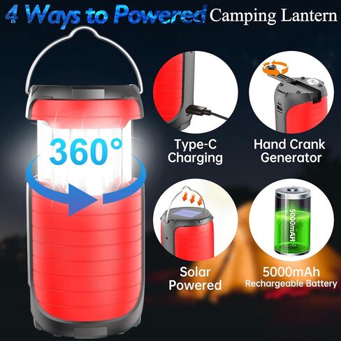 Battery Operated Camping Light Rechargeable, Manual Crank Generator/Solar Panel/USB-C Charging, 5000mAh Power Bank Foldable LED Tent Light, Power Outage, Outdoor Emergency Survival Essentials (Red) in Kuwait