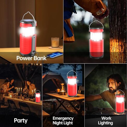 Battery Operated Camping Light Rechargeable, Manual Crank Generator/Solar Panel/USB-C Charging, 5000mAh Power Bank Foldable LED Tent Light, Power Outage, Outdoor Emergency Survival Essentials (Red) in Kuwait