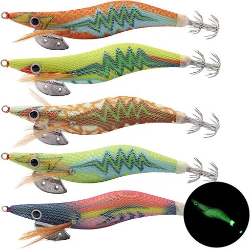 Squid Jig Saltwater Glow Squid Lures, 5/10pcs Luminous Shrimp Prawn Lures Atrificial 3D Fluorescent Squid Jigs Cuttlefish Sleeve Octopus Jig Tackle Size 2.5 3 in Saudi Arabia
