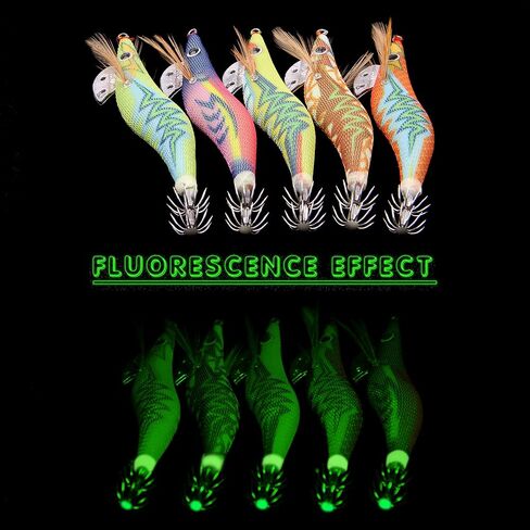 Squid Jig Saltwater Glow Squid Lures, 5/10pcs Luminous Shrimp Prawn Lures Atrificial 3D Fluorescent Squid Jigs Cuttlefish Sleeve Octopus Jig Tackle Size 2.5 3 in Saudi Arabia