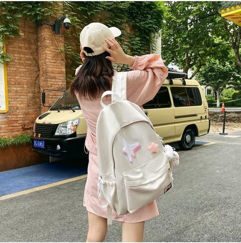 Kawaii Backpack with Star Patch and Cute Accessory Spacious and Multiple Compartments (Black) in Saudi Arabia