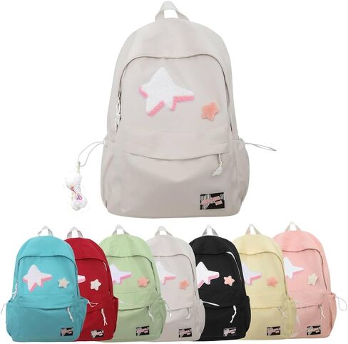 Kawaii Backpack with Star Patch and Cute Accessory Spacious and Multiple Compartments (Black) in Saudi Arabia