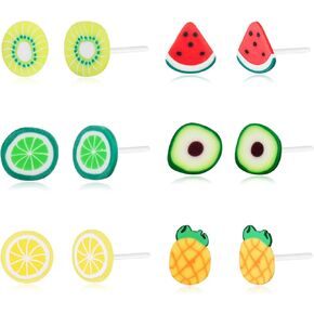 Plastic Earrings, KMEOSCH Plastic Stud Earrings - 6 Pairs of Fun Summer Vibes Earrings for Sensitive Ears (Lemon, Kiwi, Watermelon, Pineapple, Lime and Avocado)